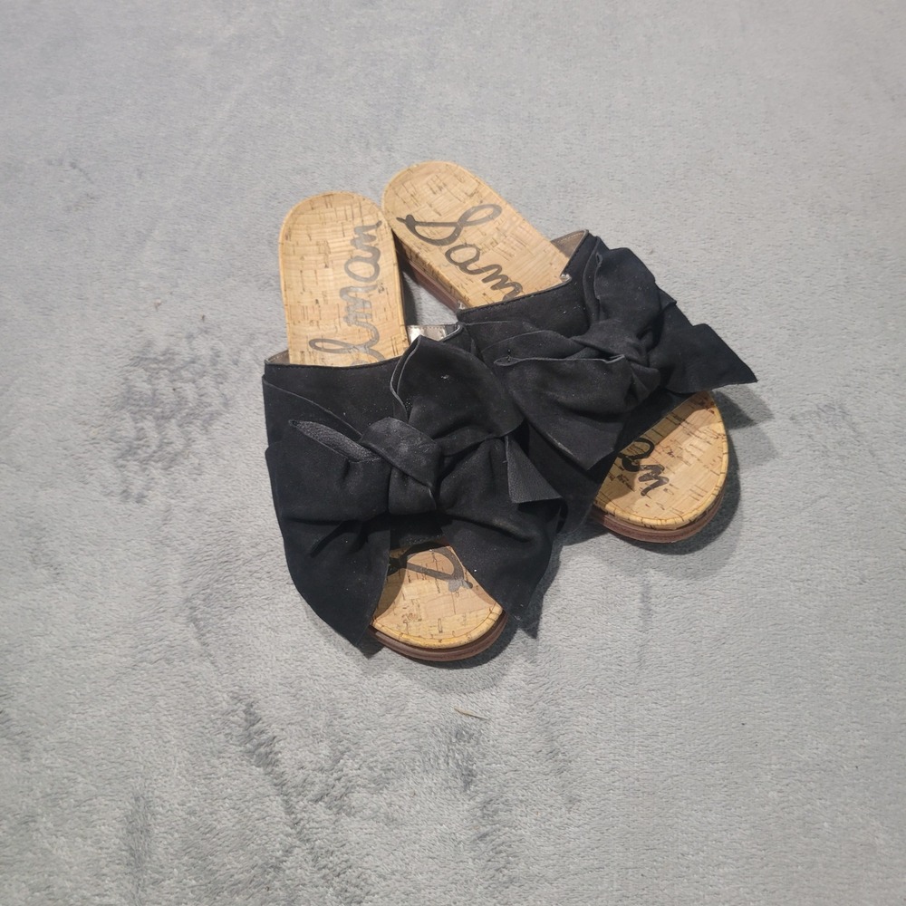 Sam Edelman Henna Sandals Womens 6.5 Black Suede Bow Slide Cork Flat E9932L2001